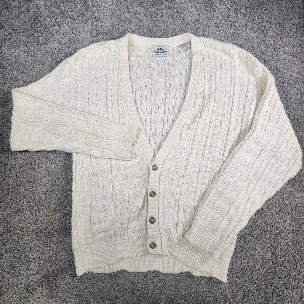Vintage Van Heusen Cardigan Mens Medium Sweater Ivory Cable Knit Grandpa Coastal